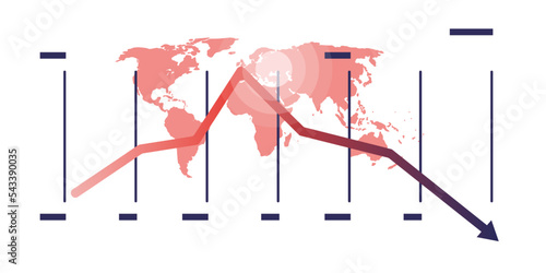 Global Economic Down Fall Due to War,Inflation and Energy Crisis - Design Concept with Red World Map, Graph,Chart with Time Periods, Showing Falling,Sharp Decrease of Profit or Results - Vector Design