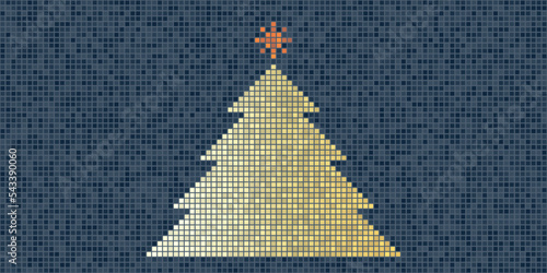 Golden Christmas Tree Made of Colorful Pixels - Wide Scale Mosaic Background, Multi Purpose Holiday Template, Creative Vector Design