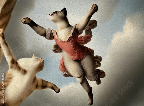 Dancing in the clouds. Flying Cat baroque art. Floating series. Oil digital painting. Anthropomorphic drawings. photo
