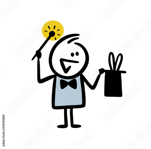 Magician with magic stick holding black top hat with rabbits ears sticking out.