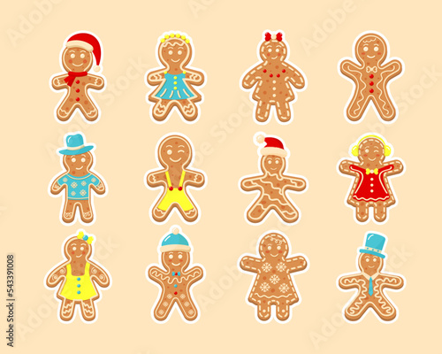 Christmas gingerbread men and women stickers. New Year decorative glazed cookies. Winter homemade sweets.