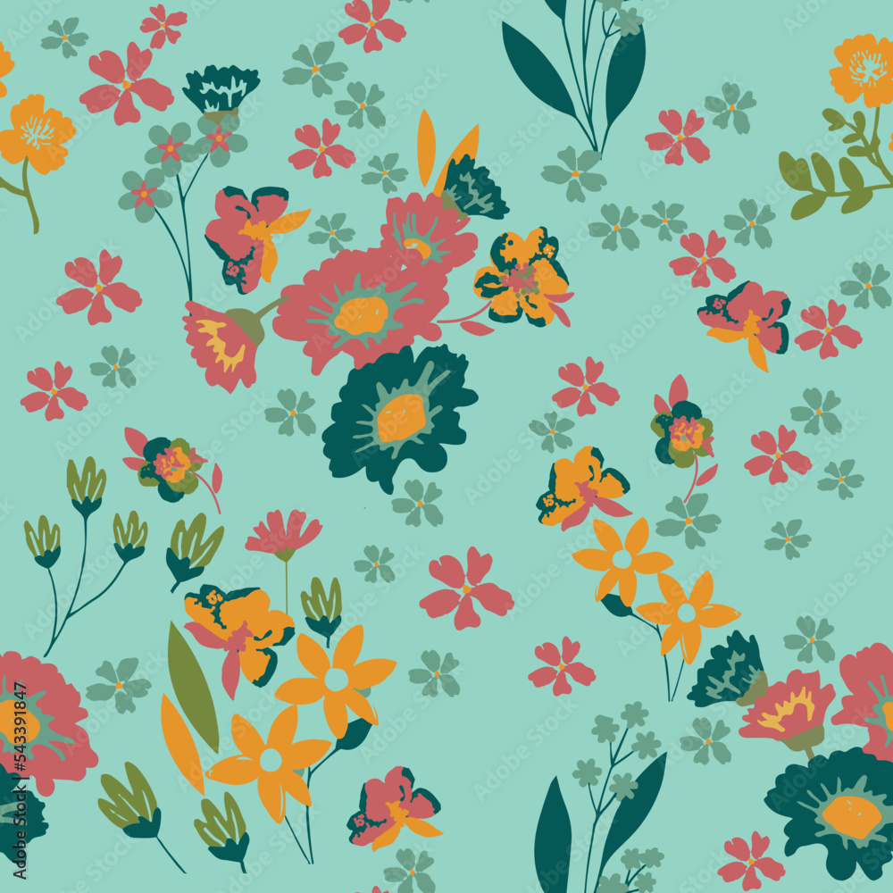Busy, ditsy, seamless, print, floral pattern, hand drawn motifs with colorful, random, fading doodle flowers, stems, petals and leaves, for fabric, fashion and textiles