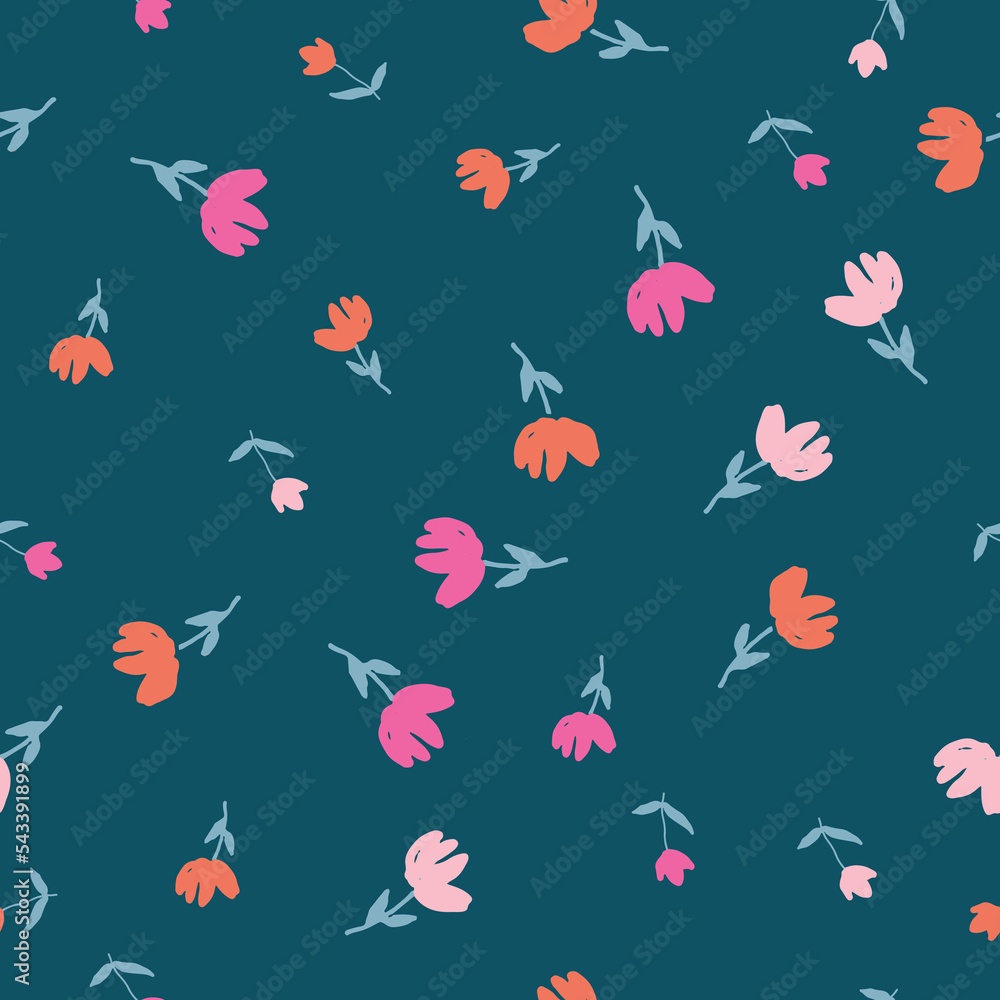 Obraz premium Cute, spaced out, isolated, seamless, print, floral pattern, conversational, pattern, colorful doodle flowers, hand drawn florals, vector blooms