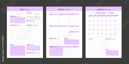 A set of planners for the day of the week for the month for planning business in the study lilac