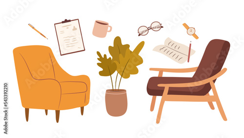 Cozy living room set. Flat vector illustrations of interior items for home or psychotherapy office