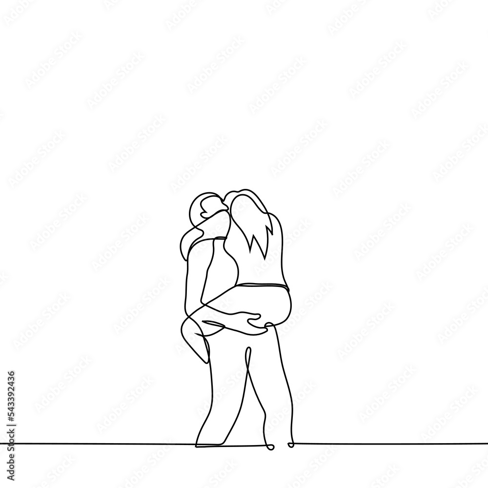 woman jumped on a man and he is holding her - one line drawing vector. concept long-awaited meeting of missed lovers or family members
