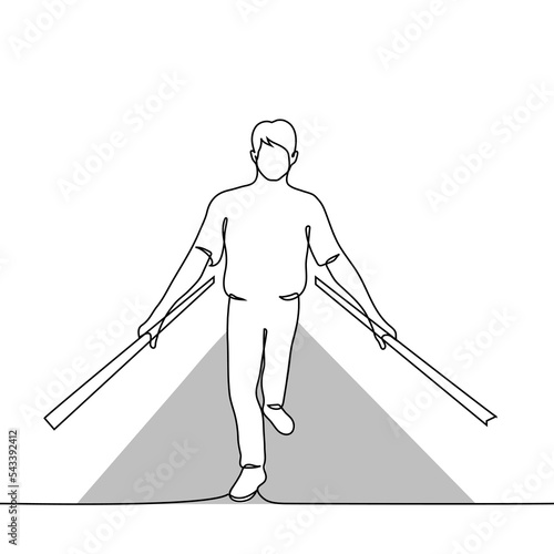 man stands on the stairs holding onto the railing and looks up at the viewer - one line drawing vector. metaphor for climbing the career ladder