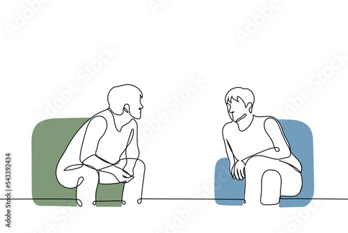 two men sit side by side in easy chairs and lean towards each other - one line drawing vector. concept psychologist and client, friends are talking, homosexual men are flirting
