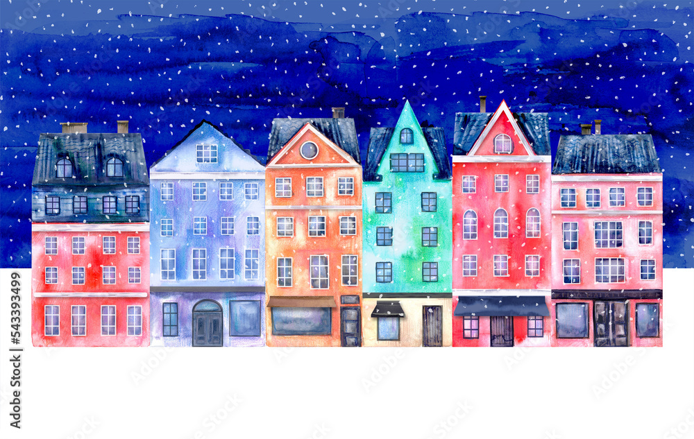Hand drawn watercolor collage houses in bright colors, winter night sky, snowflakes