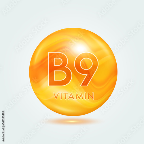 Vitamin B9 capsule orange golden. Beauty nutrition skincare. Vitamins complex isolated on gray background. For product design. Medical and scientific concepts. Icon 3D Vector EPS10.