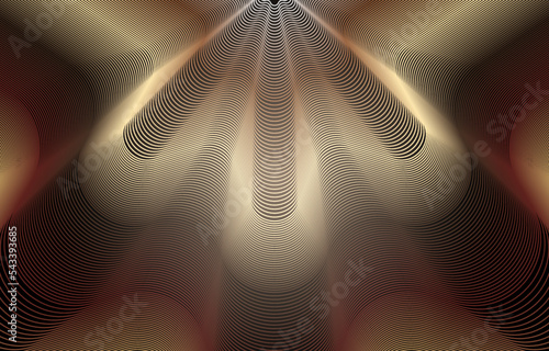 Abstract neon wavy line golden copper color background. Heat wave radiation, glowing shells, laser beam, fireworks. Design for wallpaper, backdrop, pattern, texture, background, textile. Vector print.
