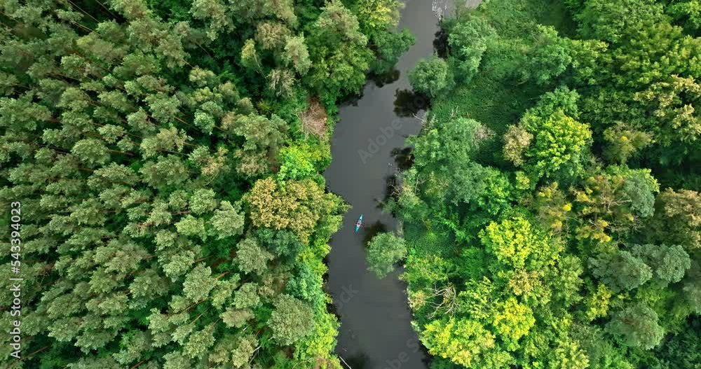 Aerial view of kayaking on river in wildlife, Poland Aerial view of kayaking on river in wildlife, Poland