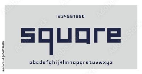 Square typography. Geometric font typeface, numbers and letters set. Small lettering. Creative alphabet. Vector illustration. For technology, gaming, sports and architecture subjects.