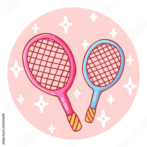 Cute hand-drawn badminton or tennis rackets in doodle cartoon style. Round composition in neutral candy colors. Kawaii element for card, social media banner, sticker, kids playroom decor. Vector