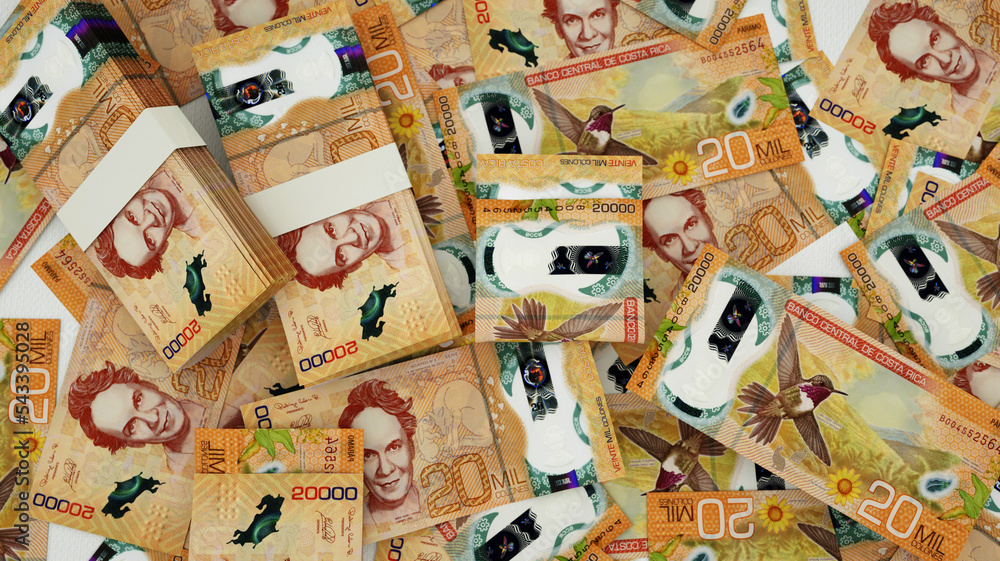 3D rendering of Costa Rican colon notes spread on surface 3D rendering of Costa Rican colon notes spread on surface