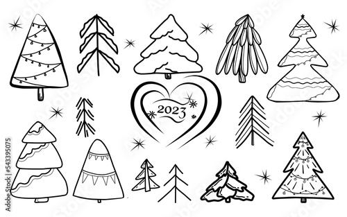 Set with Christmas trees in doodle style.