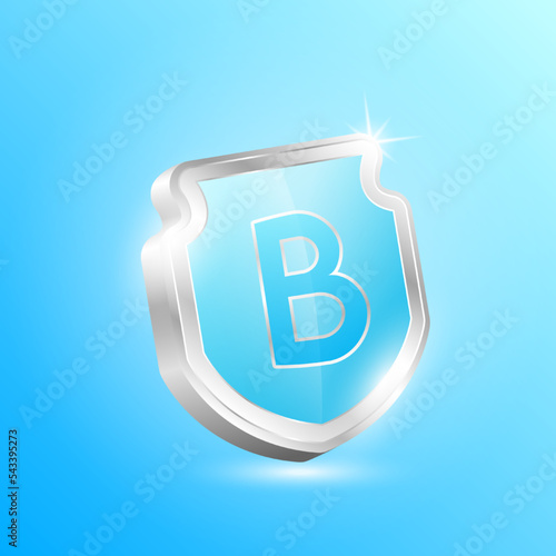 Vitamin B shield protected guard isolated on blue background. Protect the body stay healthy. For nutrition products food and meds for heath flu. Medical concepts. 3D Vector illustration.