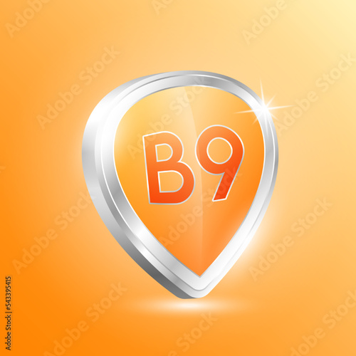 Vitamin B9 shield protected guard isolated on orange background. Protect the body stay healthy. For nutrition products food and meds for heath flu. Medical concepts. 3D Vector illustration.