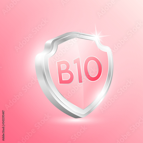 Vitamin B10 shield protected guard isolated on pink background. Protect the body stay healthy. For nutrition products food and meds for heath flu. Medical concepts. 3D Vector illustration.