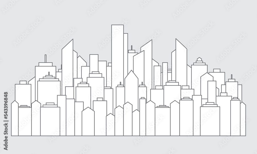 Flat urban cityscape. Downtown landscape with high skyscrapers. Silhouette, architecture abstract panorama isolated outline. Great city map creator. Vector illustration.