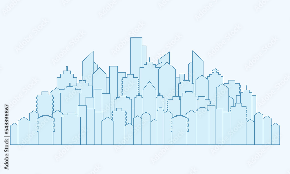 Flat urban cityscape. Downtown landscape with high skyscrapers. Silhouette, architecture abstract panorama isolated outline. House constructor. Vector illustration.