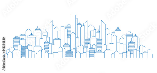 Thin line urban cityscape. Modern architecture. Horizontal banner with megapolis silhouette, architecture abstract panorama. Line art style city background. House constructor. 