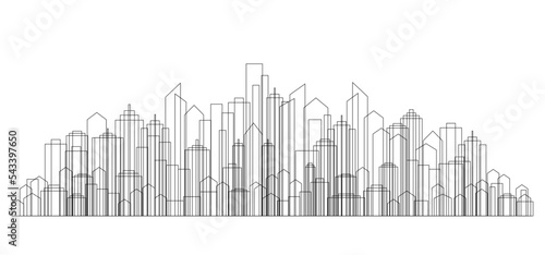 Thin line urban cityscape. Modern architecture. Horizontal banner with megapolis silhouette, architecture abstract panorama. Outline version. House constructor. Vector illustration.