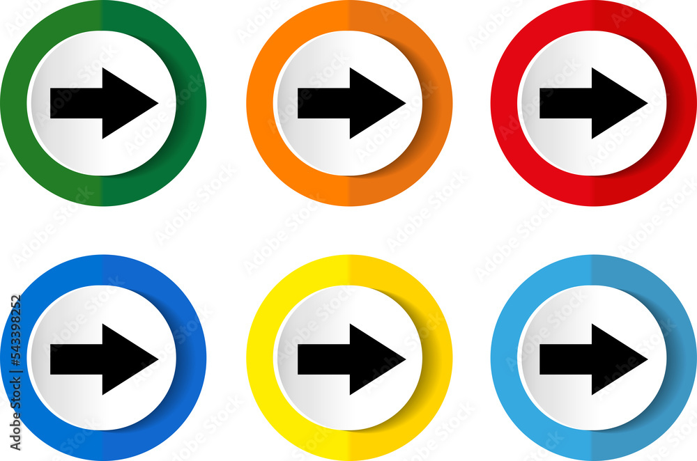 Right arrow icon set, next flat design illustration in 6 colors options for webdesign and mobile applications. Right arrow icon set, next flat design illustration in 6 colors options for webdesign and mobile applications.