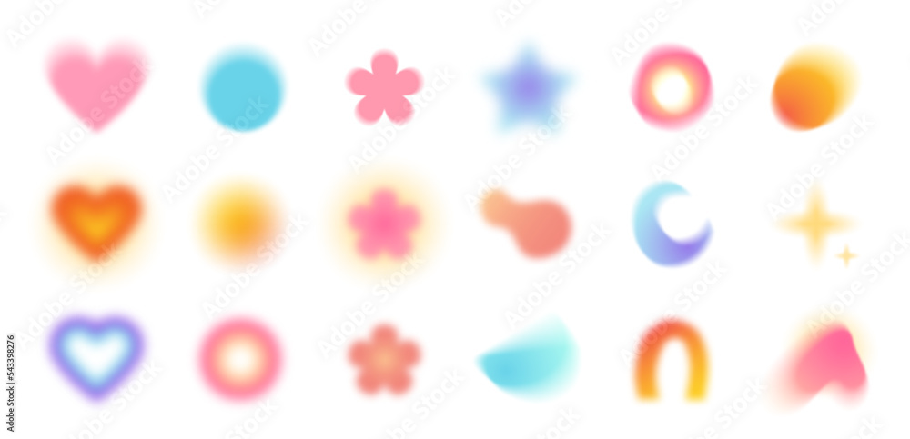 Abstract blurred gradient shapes, blurry flower or heart aura aesthetic elements, colorful soft gradients. Circle, star and moon shape blurs, various geometric forms with blurring effect vector set - obrazy, fototapety, plakaty 