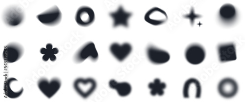 Black blurry shapes, abstract geometric forms with soft edges, blurry flower or heart aura aesthetic elements. Star, circle and square shape blurs, various silhouette forms with blur effect vector set
