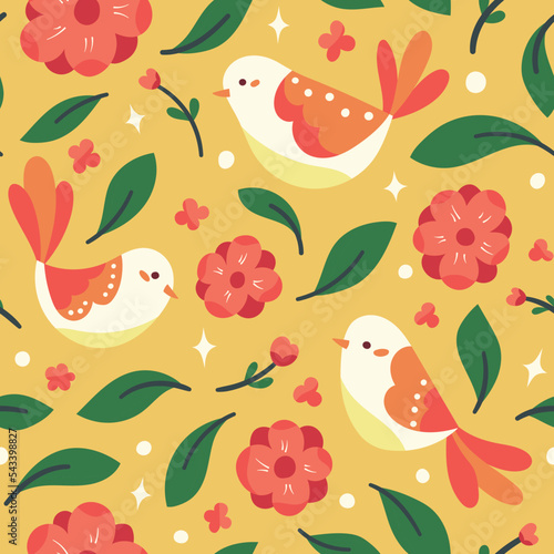Cute seamless pattern with birds and floral elements. Vector illustration with cartoon drawings for print, fabric, textile.