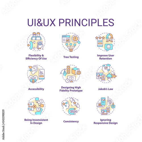 UI UX principles concept icons set. User experience and interface design fundamentals idea thin line color illustrations. Isolated symbols. Editable stroke. Roboto-Medium, Myriad Pro-Bold fonts used