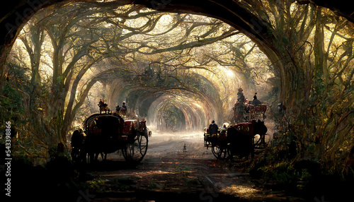 Fotografia AI generated image of vintage hansom cabs at the Halnaker tree tunnel