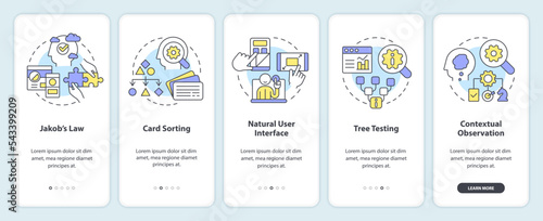 Mental models in user experience design onboarding mobile app screen. Walkthrough 5 steps editable graphic instructions with linear concepts. UI, UX, GUI template. Myriad Pro-Bold, Regular fonts used
