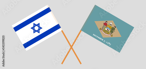 Crossed flags of Israel and The State of Delaware. Official colors. Correct proportion