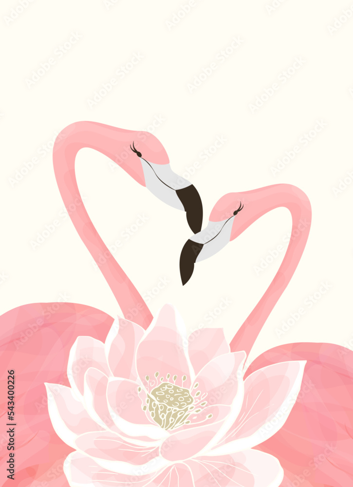 Naklejka premium Couple pink flamingos and a pink lotus. Tropical flamingo art for wedding invitation, birthday, holiday, greeting card.