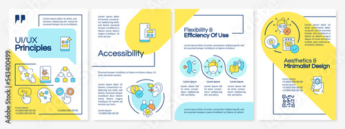 UI UX basics blue and yellow brochure template. User interface. Leaflet design with linear icons. Editable 4 vector layouts for presentation, annual reports. Questrial, Lato Regular fonts used
