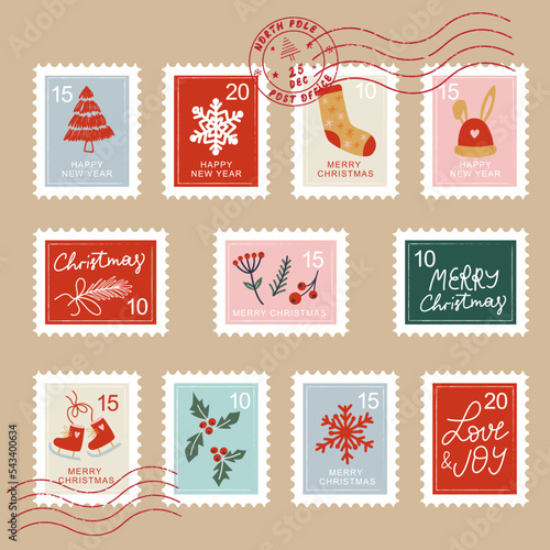 Hand drawn christmas postage stamp collection.