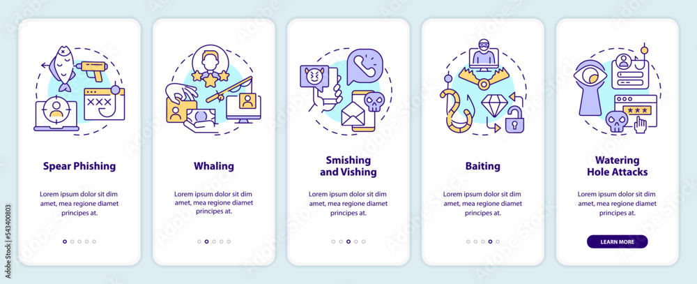 Types of social engineering attacks onboarding mobile app screen. Walkthrough 5 steps editable graphic instructions with linear concepts. UI, UX, GUI template. Myriad Pro-Bold, Regular fonts used