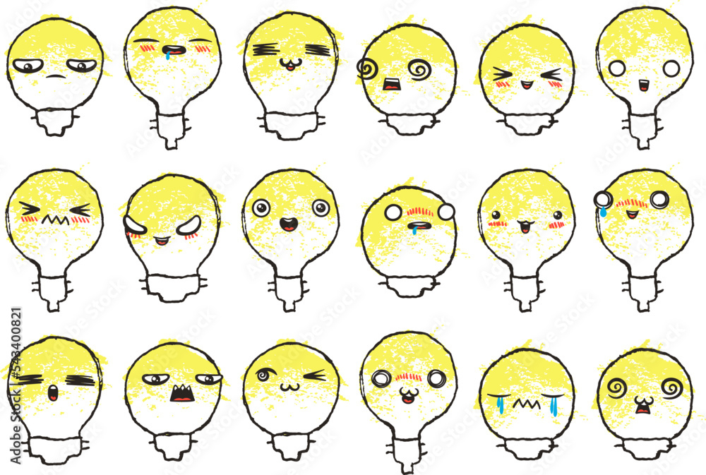 Set of Various Cartoon Bulbs with Emoticons. Doodle lightbulb, ideas, eyes and mouth. Caricature comic expressive emotions, smiling, crying and surprised character face expressions Set of Various Cartoon Bulbs with Emoticons. Doodle lightbulb, ideas, eyes and mouth. Caricature comic expressive emotions, smiling, crying and surprised character face expressions
