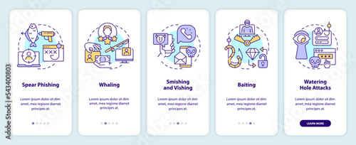 Types of social engineering attacks onboarding mobile app screen. Walkthrough 5 steps editable graphic instructions with linear concepts. UI, UX, GUI template. Myriad Pro-Bold, Regular fonts used