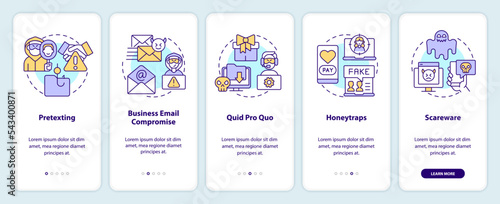 Types of cyberattacks onboarding mobile app screen. Online threat walkthrough 5 steps editable graphic instructions with linear concepts. UI, UX, GUI template. Myriad Pro-Bold, Regular fonts used