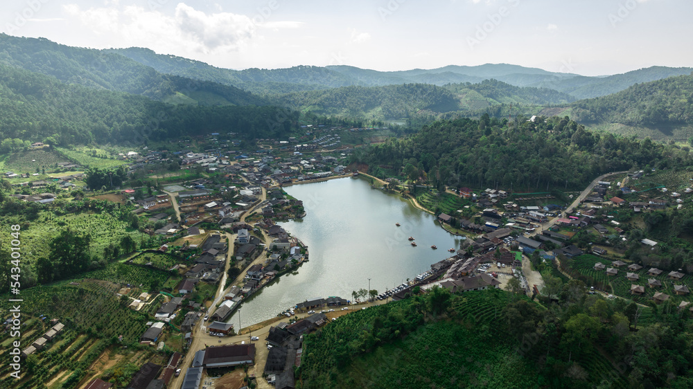 Aerial view of Ban Rak Thai village, chinese style hotel and resort, famous tourist attractions is another landmark of Mae Hong Son, Province Thailand.