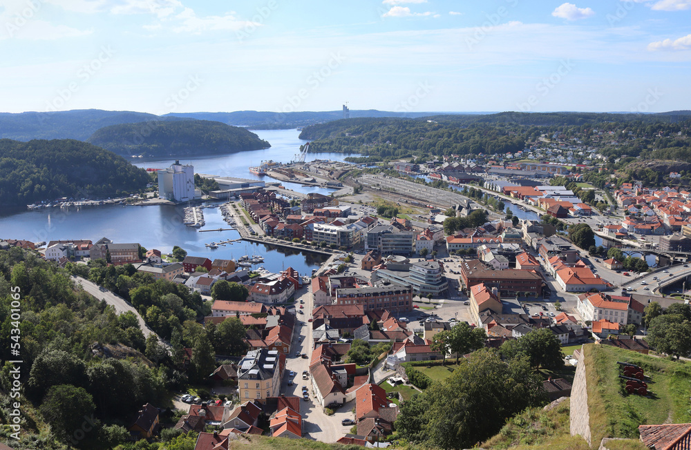 Aerial view of the Norwegian City of Halden in Viken county. Located at the mouth of the Tista river, Halden is a border town on the Iddefjord.