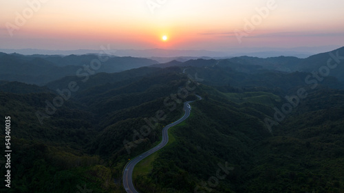 Canvastavla andscape shadow of valley and thin mist caused by light of sunset in evening and Road No