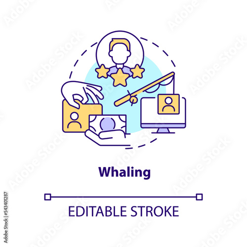 Whaling phishing attack concept icon. Steal high-profile person data. Cyber criminal abstract idea thin line illustration. Isolated outline drawing. Editable stroke. Arial, Myriad Pro-Bold fonts used