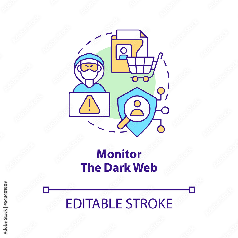 Monitor dark web concept icon. Check personal exposed data. Prevent cybercrime abstract idea thin line illustration. Isolated outline drawing. Editable stroke. Arial, Myriad Pro-Bold fonts used Monitor dark web concept icon. Check personal exposed data. Prevent cybercrime abstract idea thin line illustration. Isolated outline drawing. Editable stroke. Arial, Myriad Pro-Bold fonts used