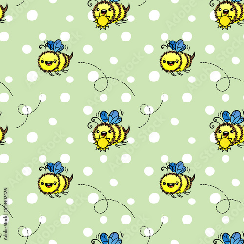 Kawaii bee pattern. Beautiful lovely seamless pattern with little honey bees. Doodle children illustration. Perfect for kids fabric, textile, wrapping, web