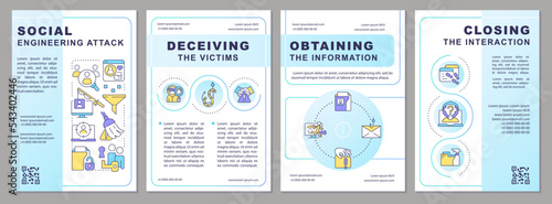 Social engineering attack blue brochure template. Hacking. Leaflet design with linear icons. Editable 4 vector layouts for presentation, annual reports. Arial, Myriad Pro-Regular fonts used