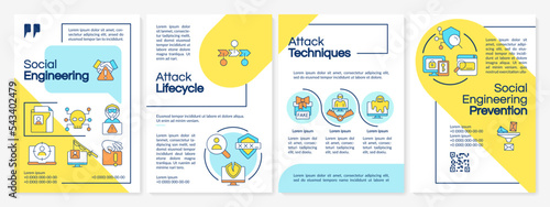 Social engineering blue and yellow brochure template. Cybercrime. Leaflet design with linear icons. Editable 4 vector layouts for presentation, annual reports. Questrial, Lato Regular fonts used